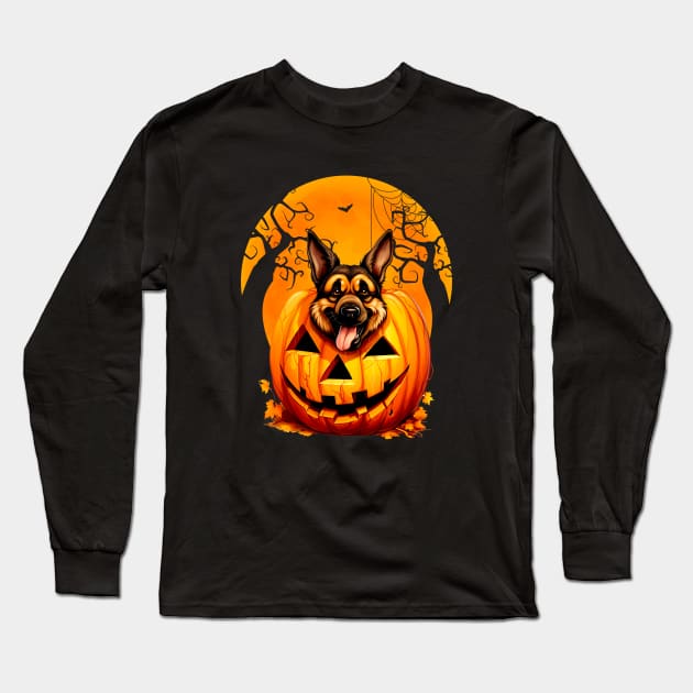 German Shepherd Inside Pumpkin, Funny Scary Halloween Moon Long Sleeve T-Shirt by Printofi.com